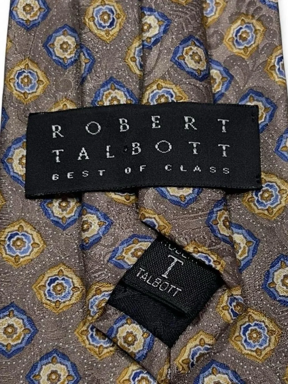 Robert Talbott SILK Tie Brown w/Blue & Gold Medallions  Paisley Print L58